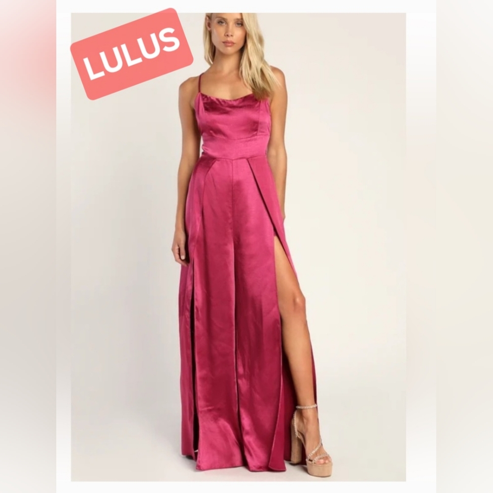 Lulus Passionate & Perfect Hot Pink Satin Split-Leg Jumpsuit Burgundy XS NWT